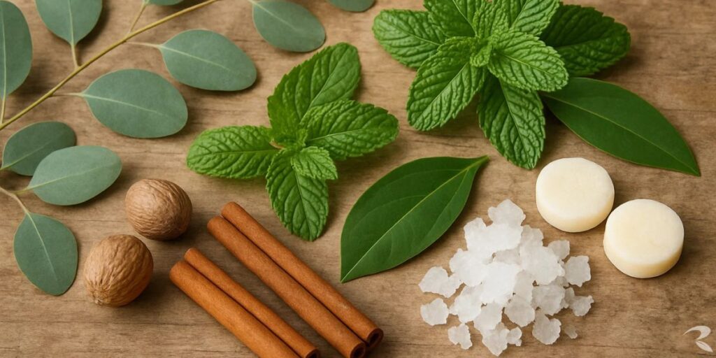 Ramedica Herbal Wonder Balm jar surrounded by natural ingredients like peppermint, cinnamon, eucalyptus on a wooden background