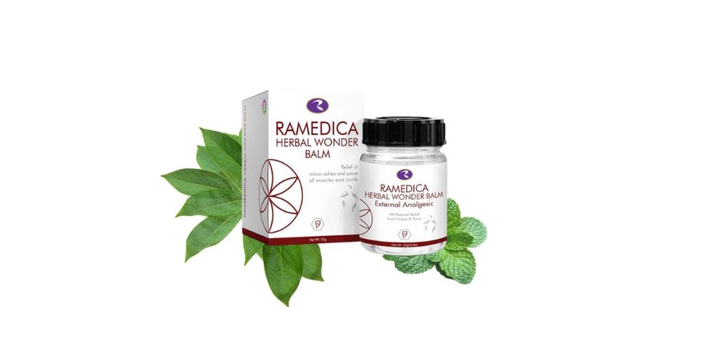 Ramedica Herbal Wonder Balm jar and box with camphor and peppermint leaves