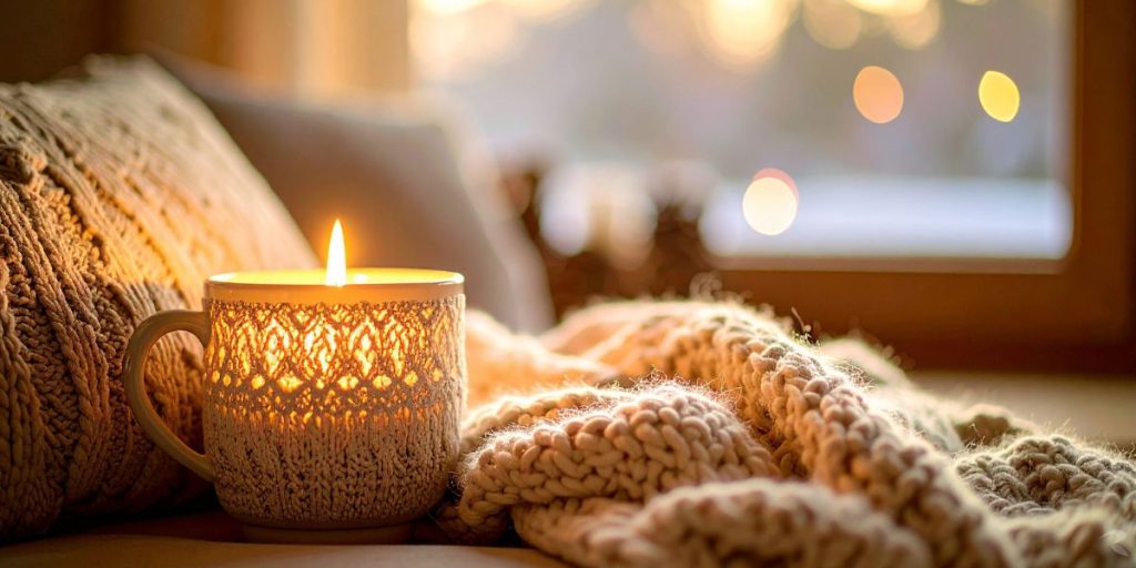 Warm candle glowing inside a knitted holder beside a chunky blanket, creating a cosy winter scene that reflects rest and slowing down during the holidays.