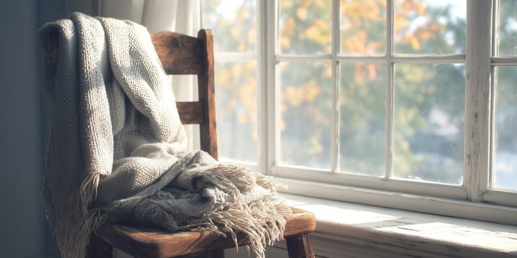 A quiet chair by a window with a soft blanket, representing safety and stillness in pain management